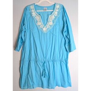 Lands End Swim Cover Up Tunic Beach lightweight Aqua 100% Cotton Size XL 18